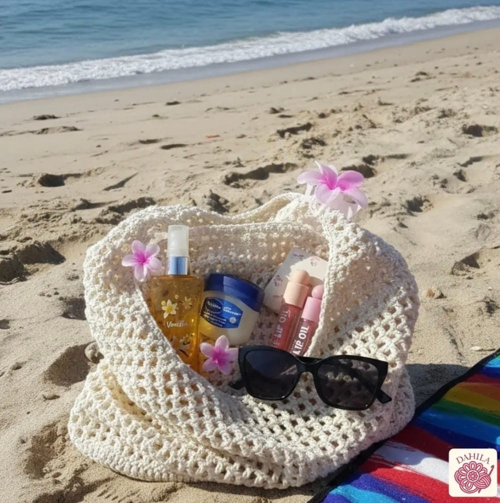 Tote de playa tejida a crochet sobre la arena, con protector solar y lentes de sol